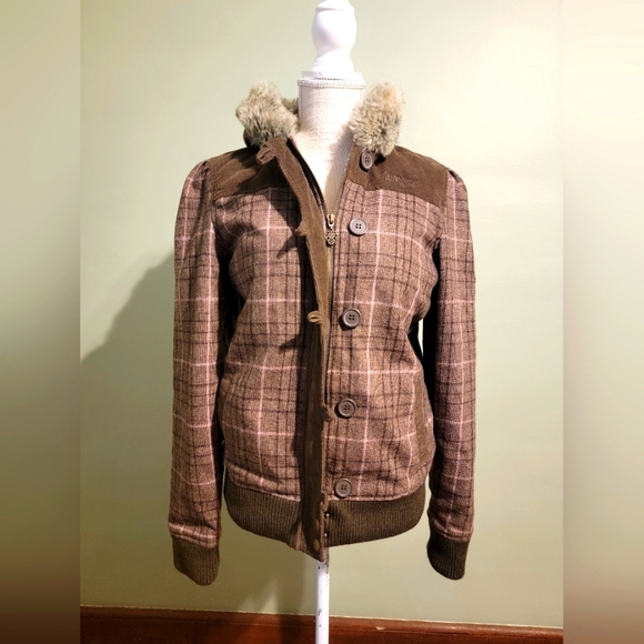 Fox Jackets & Blazers - Vintage 90s Fox Wool Blend Jacket Plaid Corduroy Fur Pink Tan Woman's XL w23